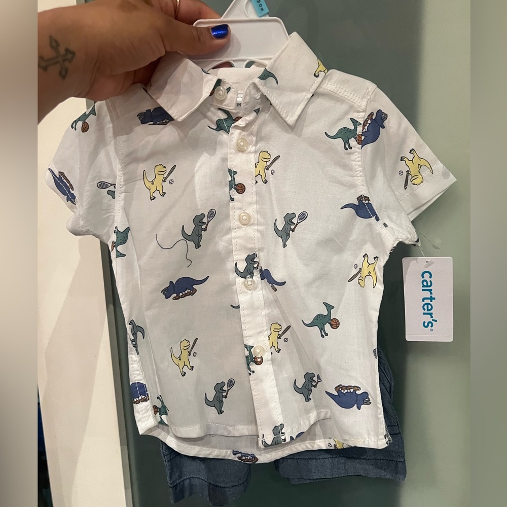 Dinosaur short sleeve button up collared shirt w/ matching shirts
